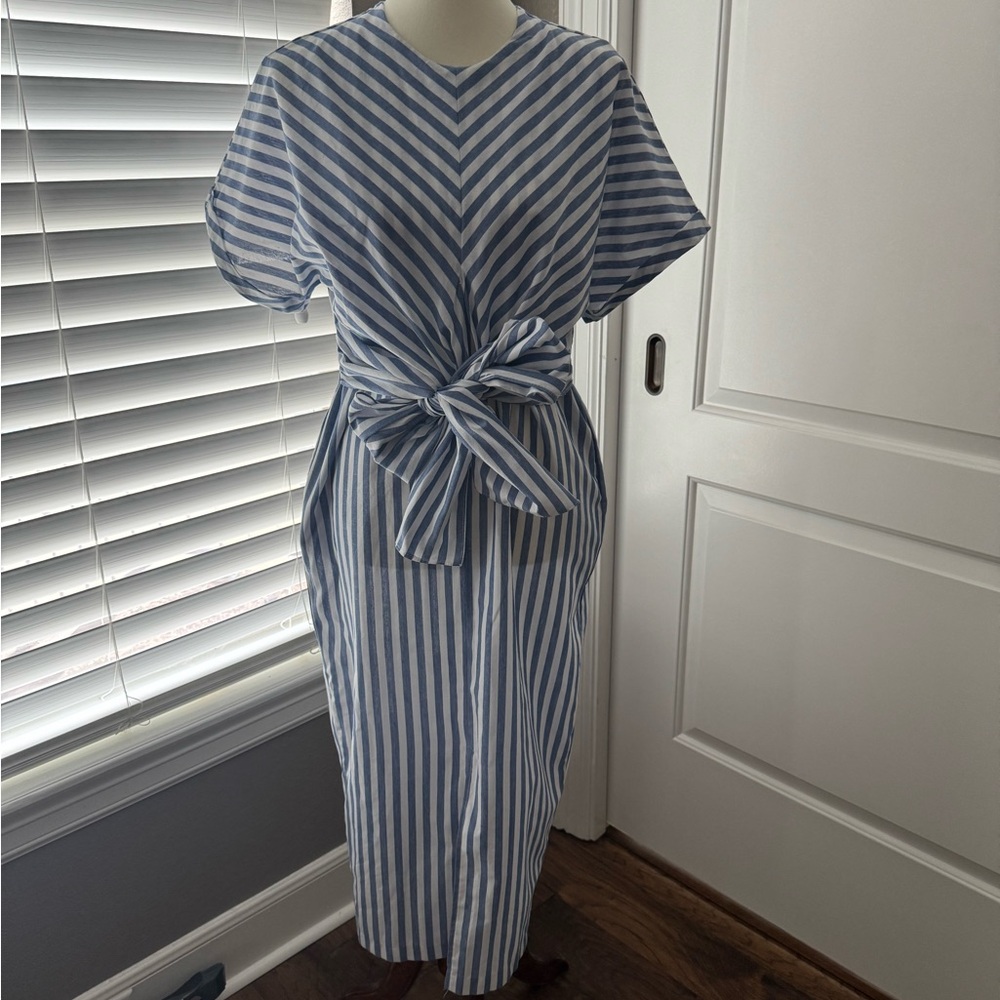 Blue Striped Dress with Front Tie